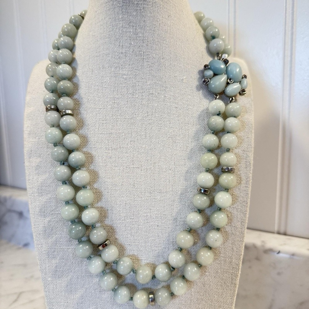 Vintage Double Strand Jade Jadeite Bead Necklace 19" Hand Knotted Ornate Clasp